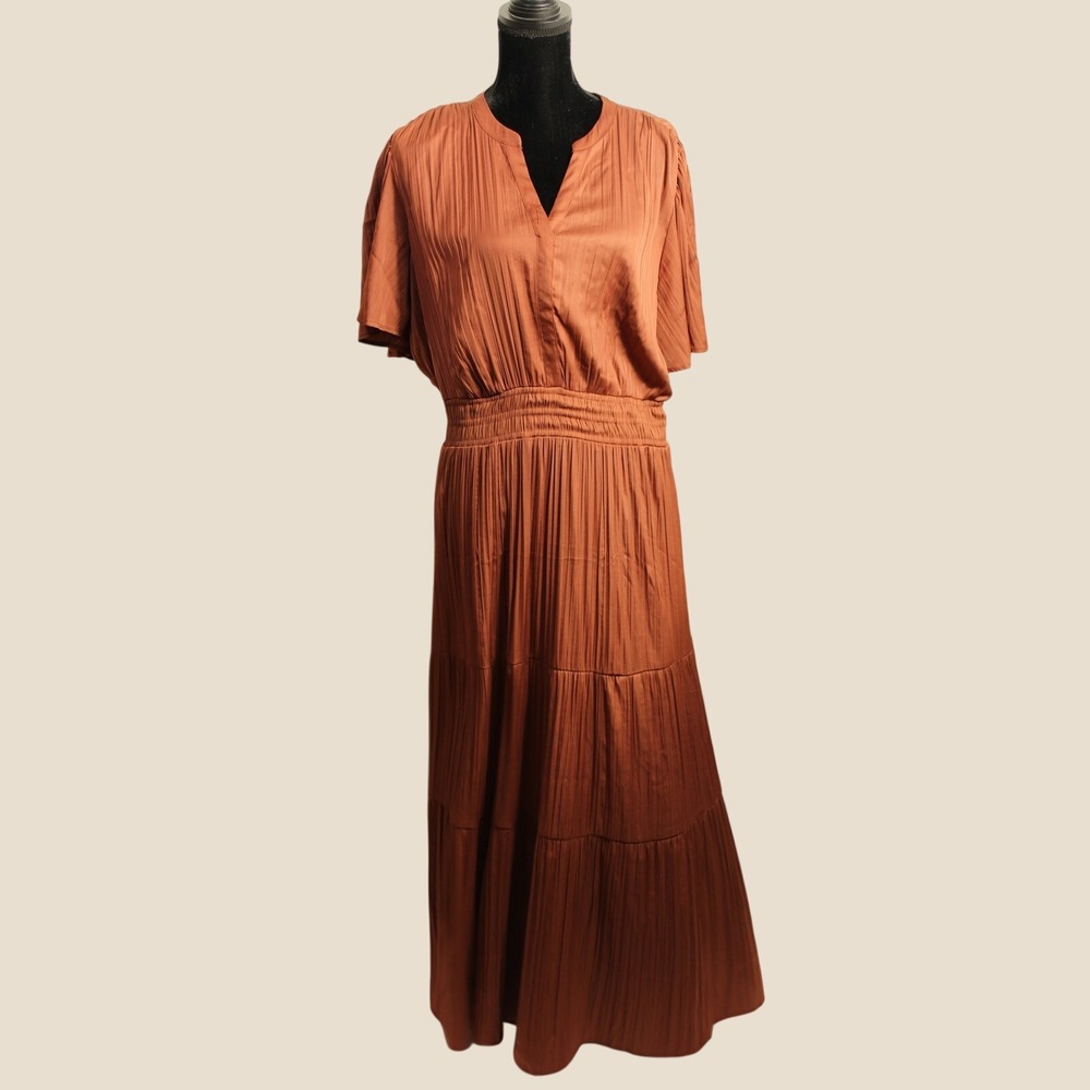 Simply Vera Wang Women's XL Rust(terracotta) Pleated Midi Dress V-Neck